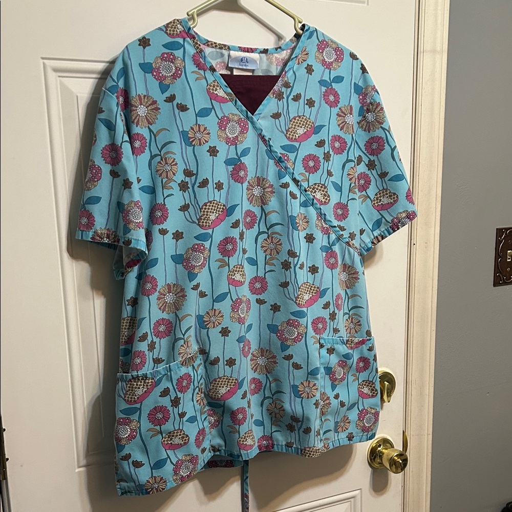 SB Scrubs Blue Floral V-Neck Blouse